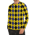 Black Blue And Yellow Argyle Print Men's Long Sleeve Rash Guard