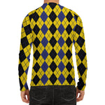 Black Blue And Yellow Argyle Print Men's Long Sleeve Rash Guard
