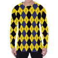 Black Blue And Yellow Argyle Print Men's Long Sleeve T-Shirt