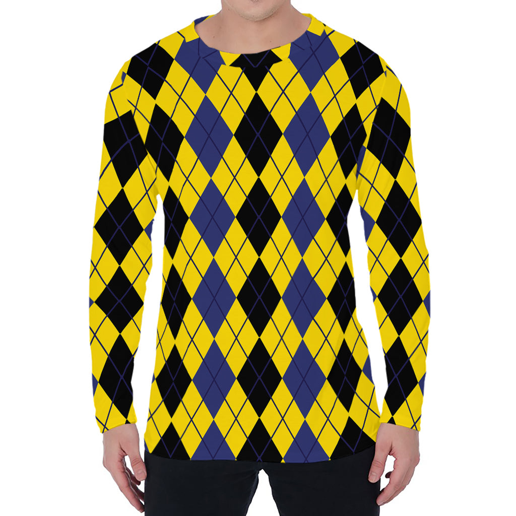 Black Blue And Yellow Argyle Print Men's Long Sleeve T-Shirt