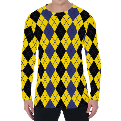 Black Blue And Yellow Argyle Print Men's Long Sleeve T-Shirt