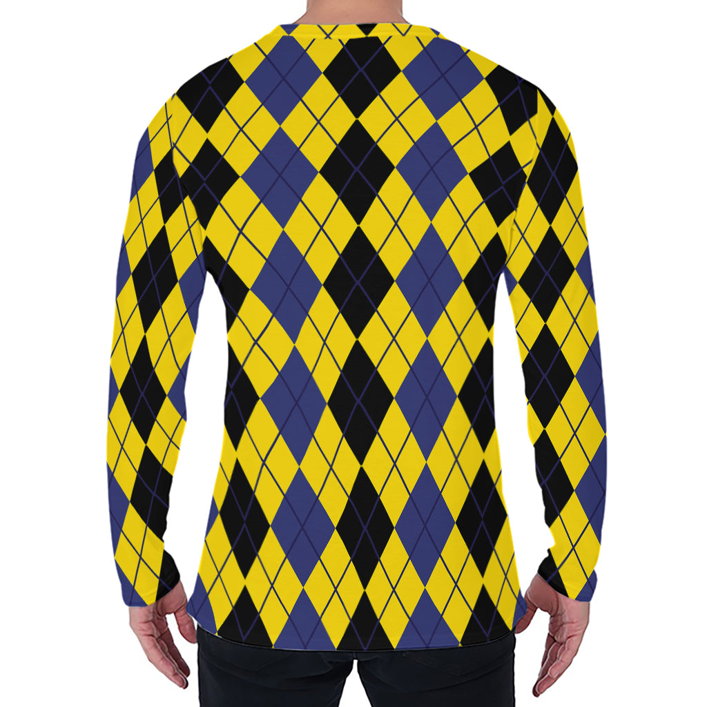 Black Blue And Yellow Argyle Print Men's Long Sleeve T-Shirt