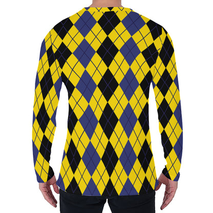 Black Blue And Yellow Argyle Print Men's Long Sleeve T-Shirt