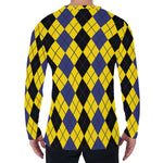 Black Blue And Yellow Argyle Print Men's Long Sleeve T-Shirt