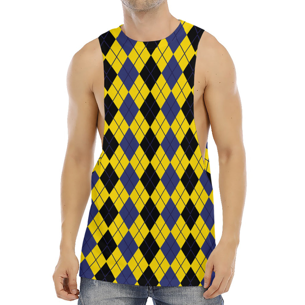 Black Blue And Yellow Argyle Print Men's Muscle Tank Top