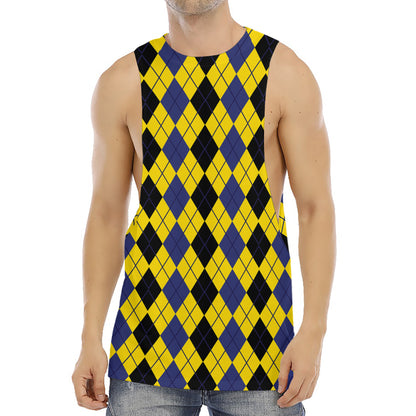 Black Blue And Yellow Argyle Print Men's Muscle Tank Top