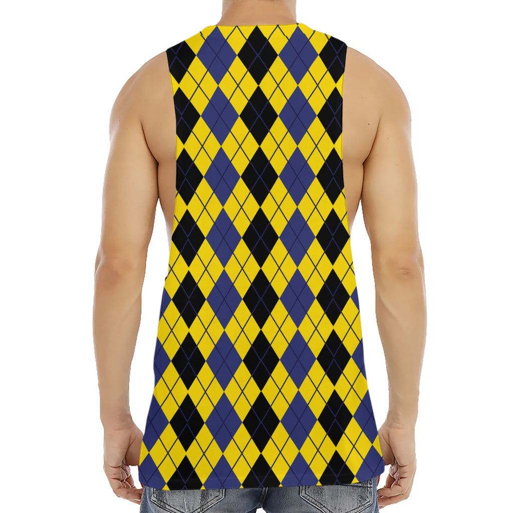 Black Blue And Yellow Argyle Print Men's Muscle Tank Top