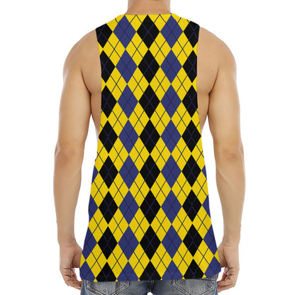 Black Blue And Yellow Argyle Print Men's Muscle Tank Top