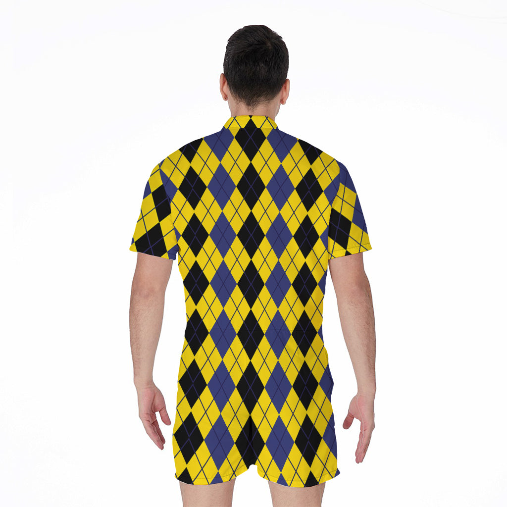 Black Blue And Yellow Argyle Print Men's Rompers