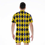Black Blue And Yellow Argyle Print Men's Rompers