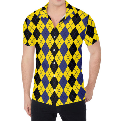 Black Blue And Yellow Argyle Print Men's Shirt