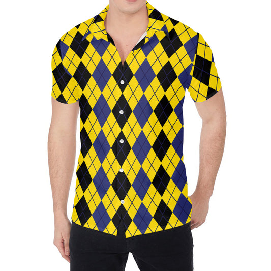 Black Blue And Yellow Argyle Print Men's Shirt