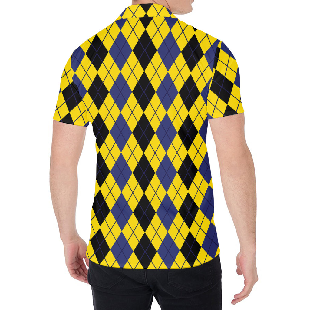 Black Blue And Yellow Argyle Print Men's Shirt