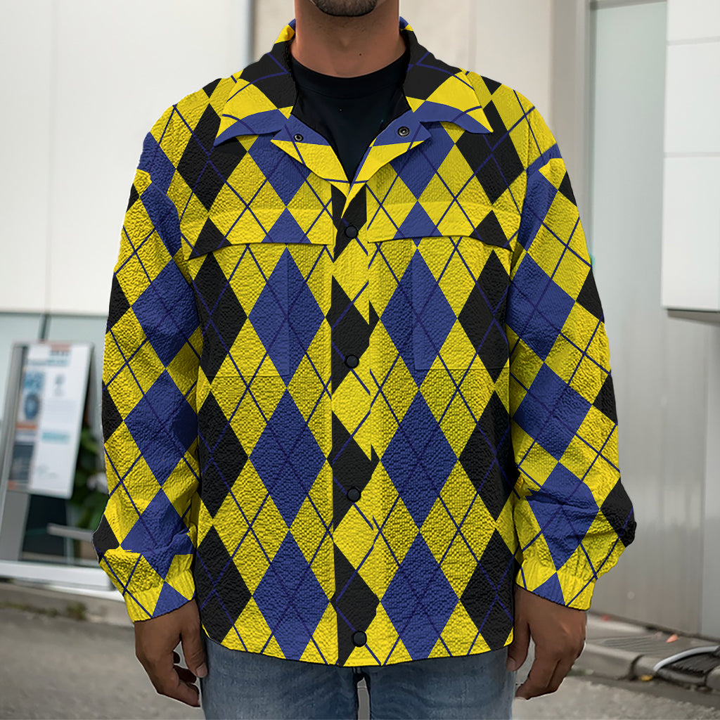 Black Blue And Yellow Argyle Print Men's Shirt Jacket