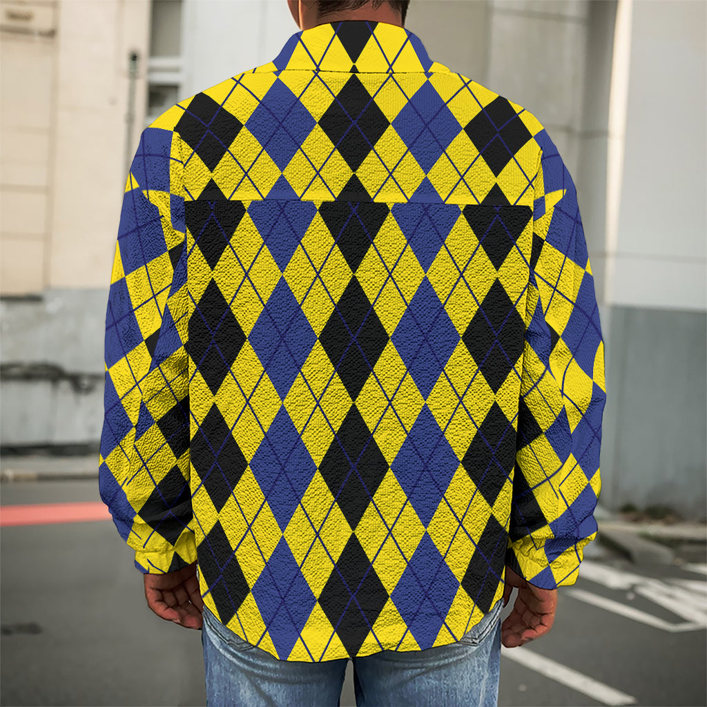 Black Blue And Yellow Argyle Print Men's Shirt Jacket