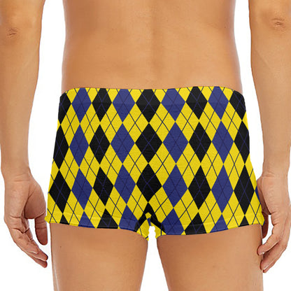 Black Blue And Yellow Argyle Print Men's Short Boxer Briefs