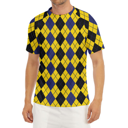 Black Blue And Yellow Argyle Print Men's Short Sleeve Rash Guard