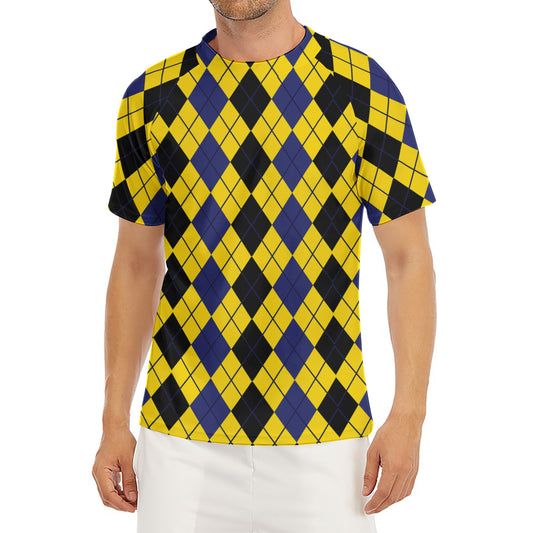 Black Blue And Yellow Argyle Print Men's Short Sleeve Rash Guard