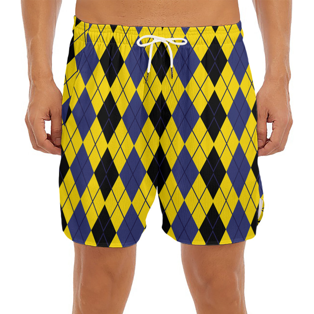 Black Blue And Yellow Argyle Print Men's Split Running Shorts