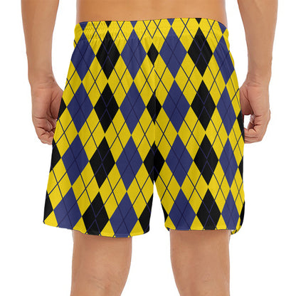 Black Blue And Yellow Argyle Print Men's Split Running Shorts