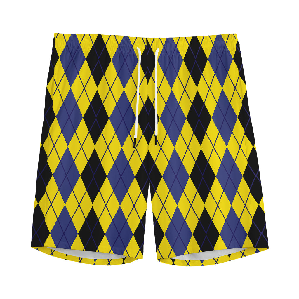 Black Blue And Yellow Argyle Print Men's Sports Shorts