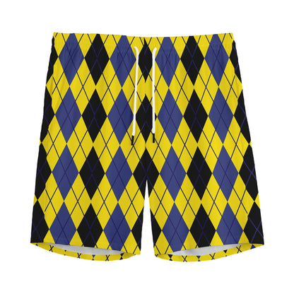 Black Blue And Yellow Argyle Print Men's Sports Shorts