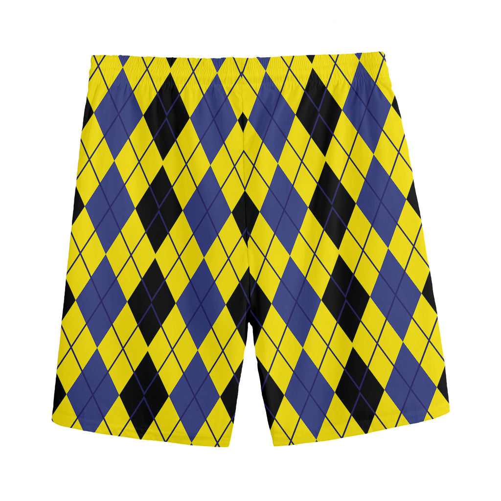 Black Blue And Yellow Argyle Print Men's Sports Shorts