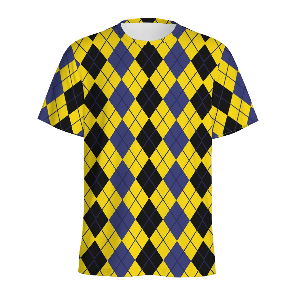 Black Blue And Yellow Argyle Print Men's Sports T-Shirt