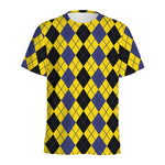 Black Blue And Yellow Argyle Print Men's Sports T-Shirt