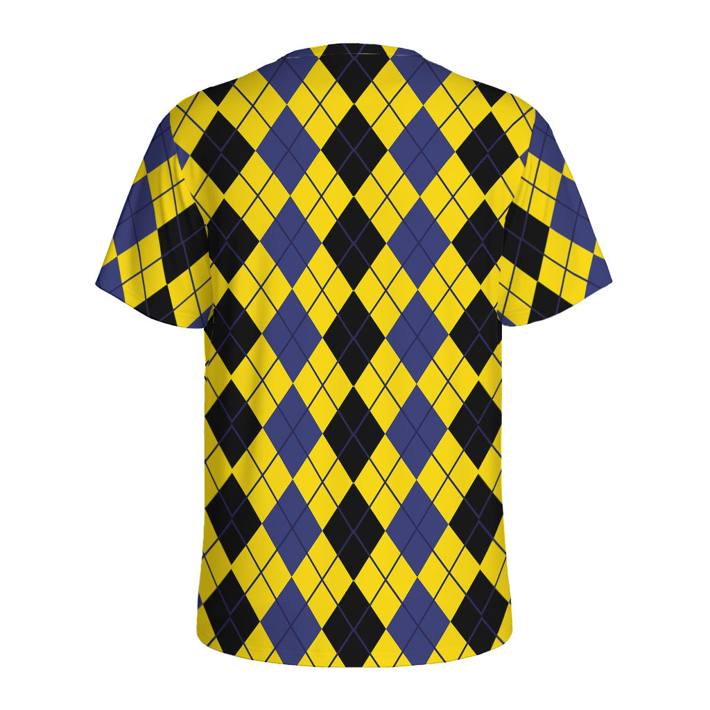 Black Blue And Yellow Argyle Print Men's Sports T-Shirt