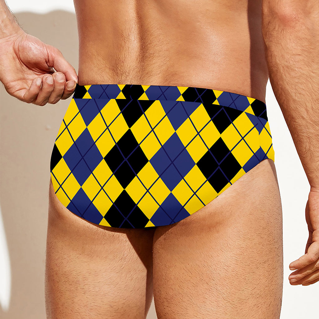 Black Blue And Yellow Argyle Print Men's Swim Briefs