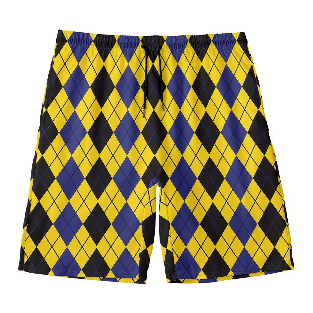 Black Blue And Yellow Argyle Print Men's Swim Trunks