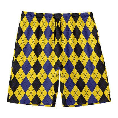 Black Blue And Yellow Argyle Print Men's Swim Trunks