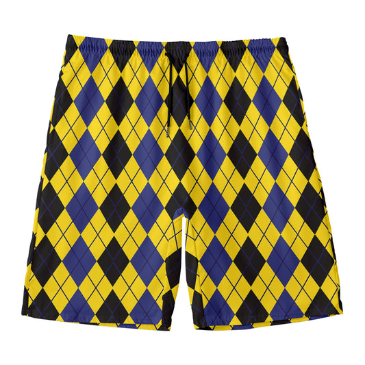Black Blue And Yellow Argyle Print Men's Swim Trunks