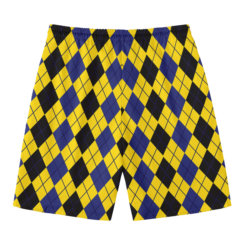 Black Blue And Yellow Argyle Print Men's Swim Trunks