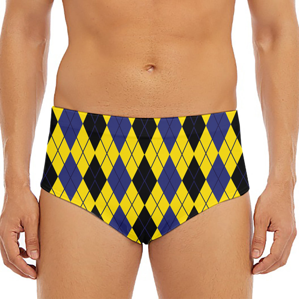 Black Blue And Yellow Argyle Print Men's Triangle Swim Briefs
