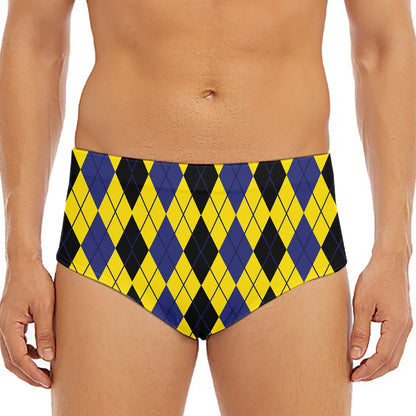 Black Blue And Yellow Argyle Print Men's Triangle Swim Briefs