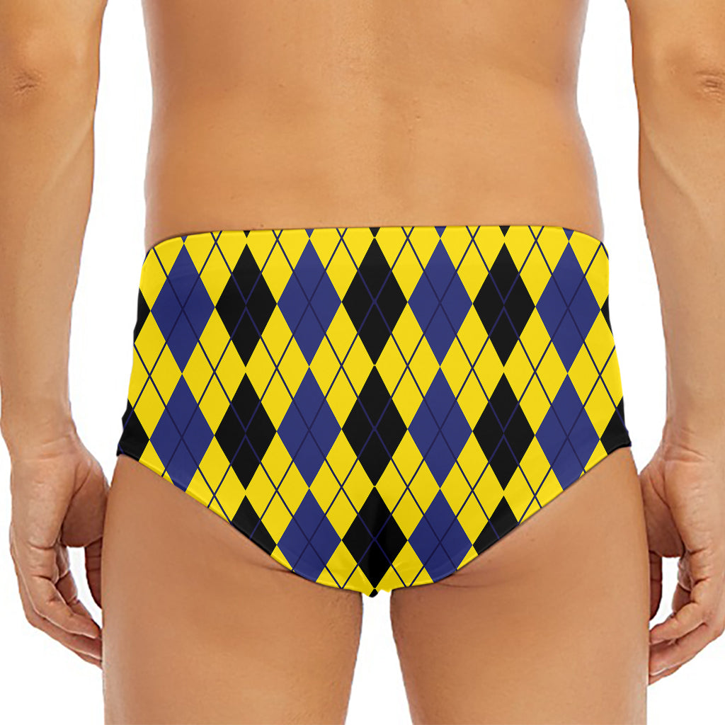 Black Blue And Yellow Argyle Print Men's Triangle Swim Briefs