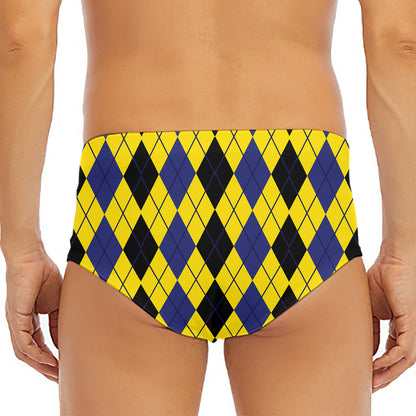 Black Blue And Yellow Argyle Print Men's Triangle Swim Briefs