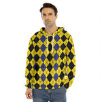 Black Blue And Yellow Argyle Print Men's Velvet Pullover Hoodie