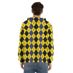 Black Blue And Yellow Argyle Print Men's Velvet Pullover Hoodie