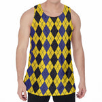 Black Blue And Yellow Argyle Print Men's Velvet Tank Top