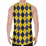 Black Blue And Yellow Argyle Print Men's Velvet Tank Top