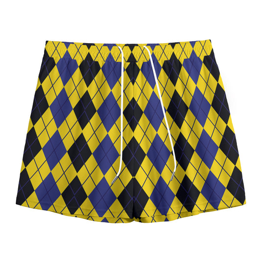 Black Blue And Yellow Argyle Print Mesh Shorts