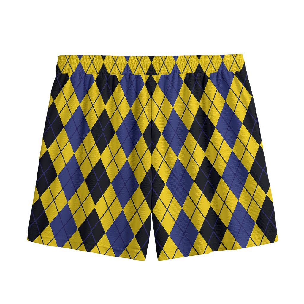 Black Blue And Yellow Argyle Print Mesh Shorts