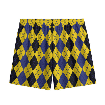 Black Blue And Yellow Argyle Print Mesh Shorts