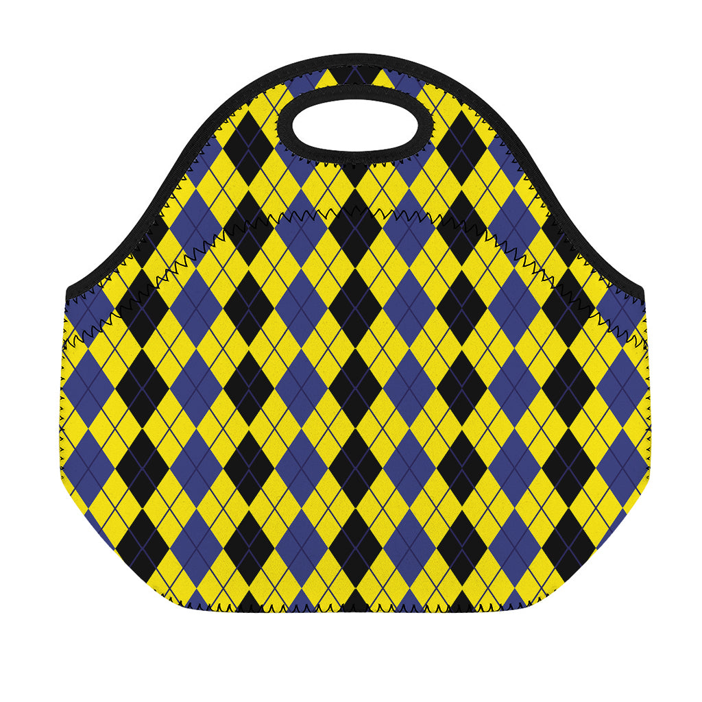 Black Blue And Yellow Argyle Print Neoprene Lunch Bag