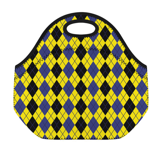 Black Blue And Yellow Argyle Print Neoprene Lunch Bag