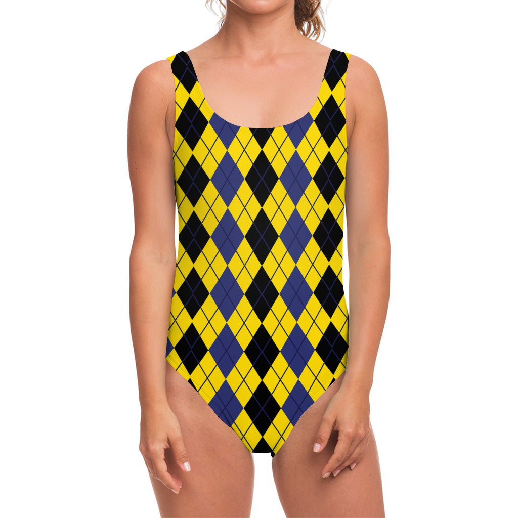 Black Blue And Yellow Argyle Print One Piece Swimsuit