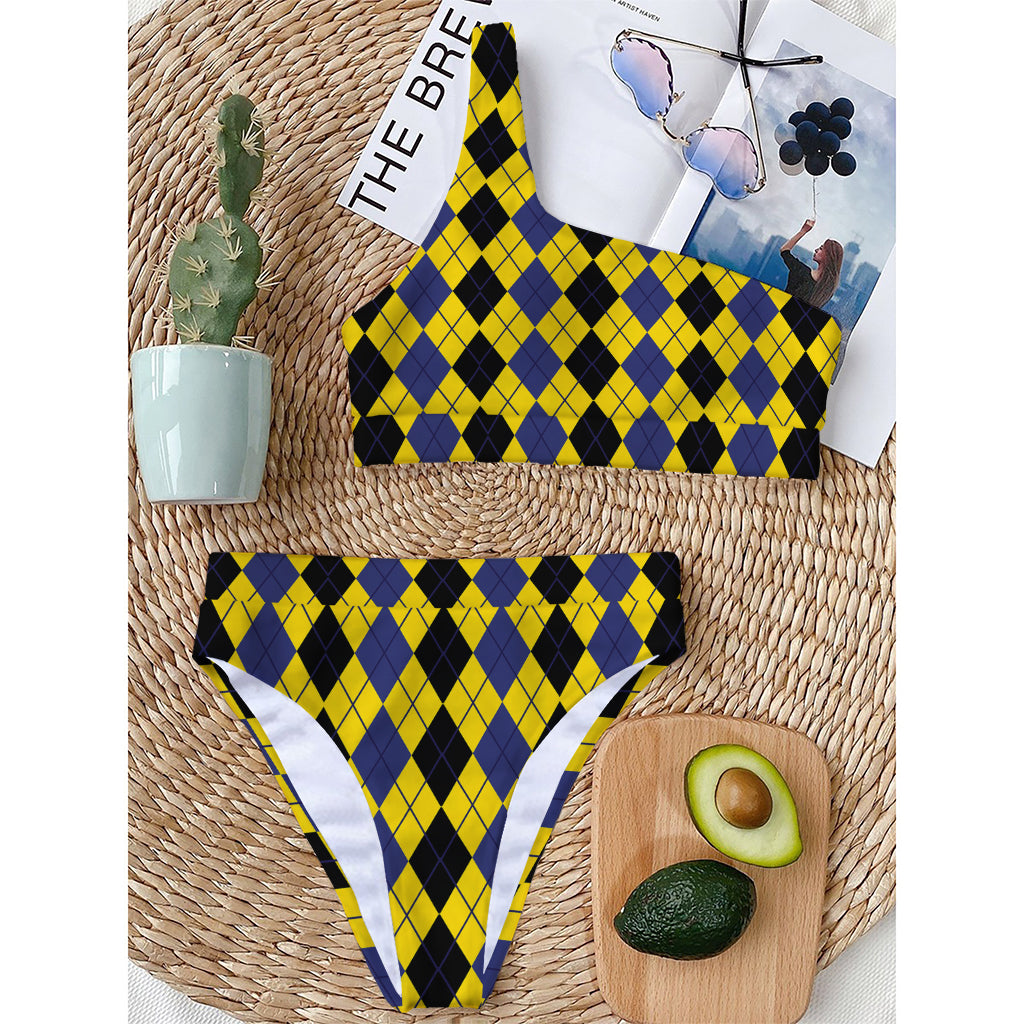 Black Blue And Yellow Argyle Print One Shoulder Bikini Top